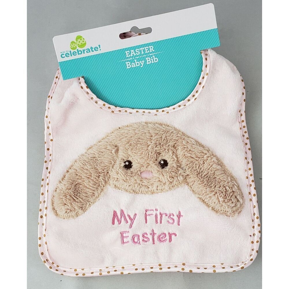 NEW "My First Easter" Girls Baby Bib Pink And Brown Bunny Way To Celebrate